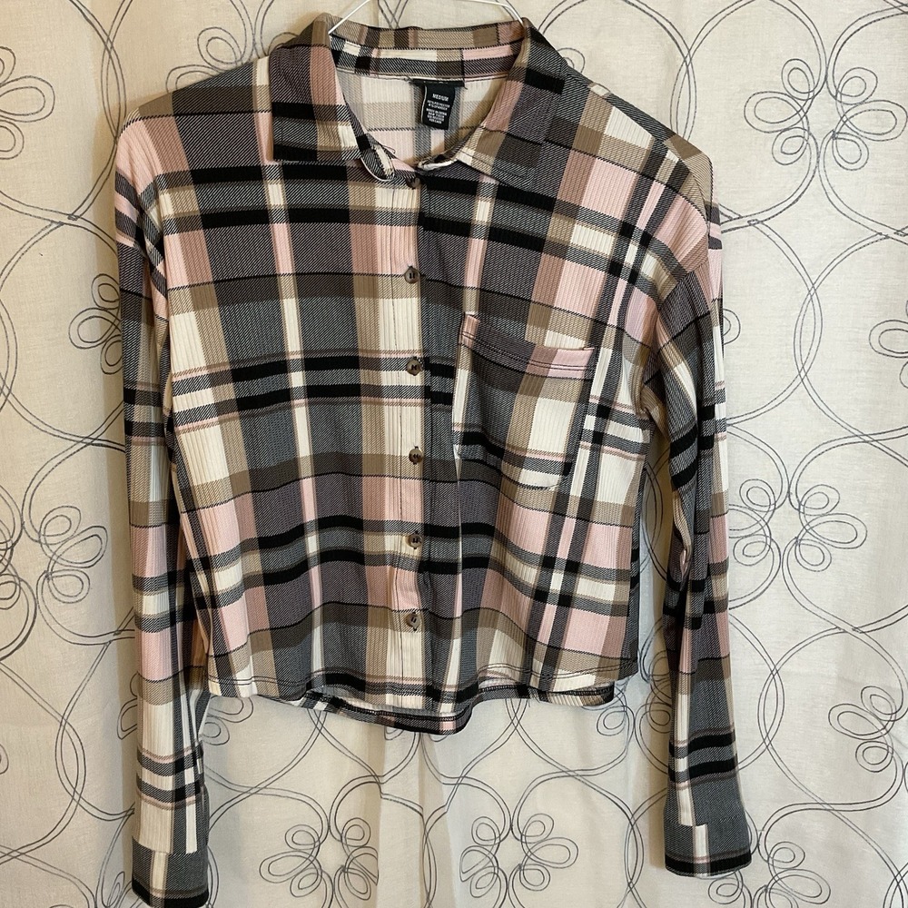 Women's Rue 21 Button Front Long Sleeve Top Plaid Cropped Size‎ Medium